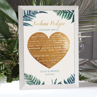 Plakat ze złotym sercem to piękne podziękowanie ślubne dla rodziców. Nowoczesna kolekcja leśna Botanica.