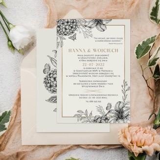 Personalizowane zaproszenie na ślub w jasnej kolorystyce, z czarną grafiką.