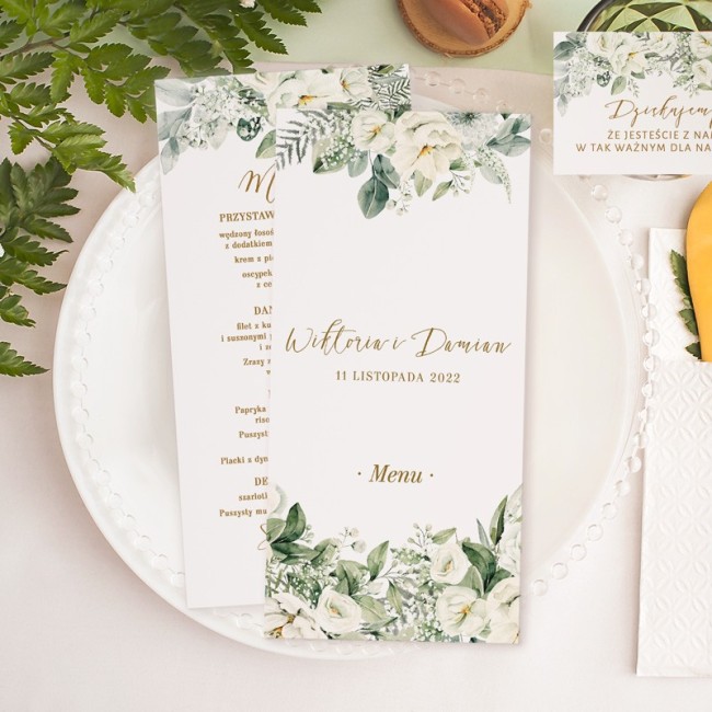 Weselne menu z rozpiską dań na Waszym przyjęciu. Karta w białym kolorze, z kwiatowym motywem w stylu boho.