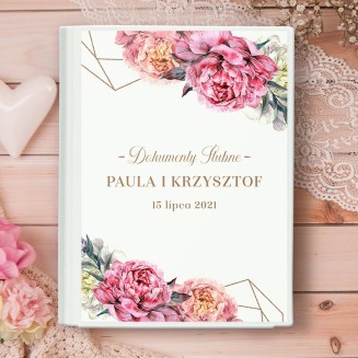 Ślubna teczka na dokumenty związane z weselem. Wykonana ze sztywnego materiału, z piękną grafiką z kwiatami piwonii.