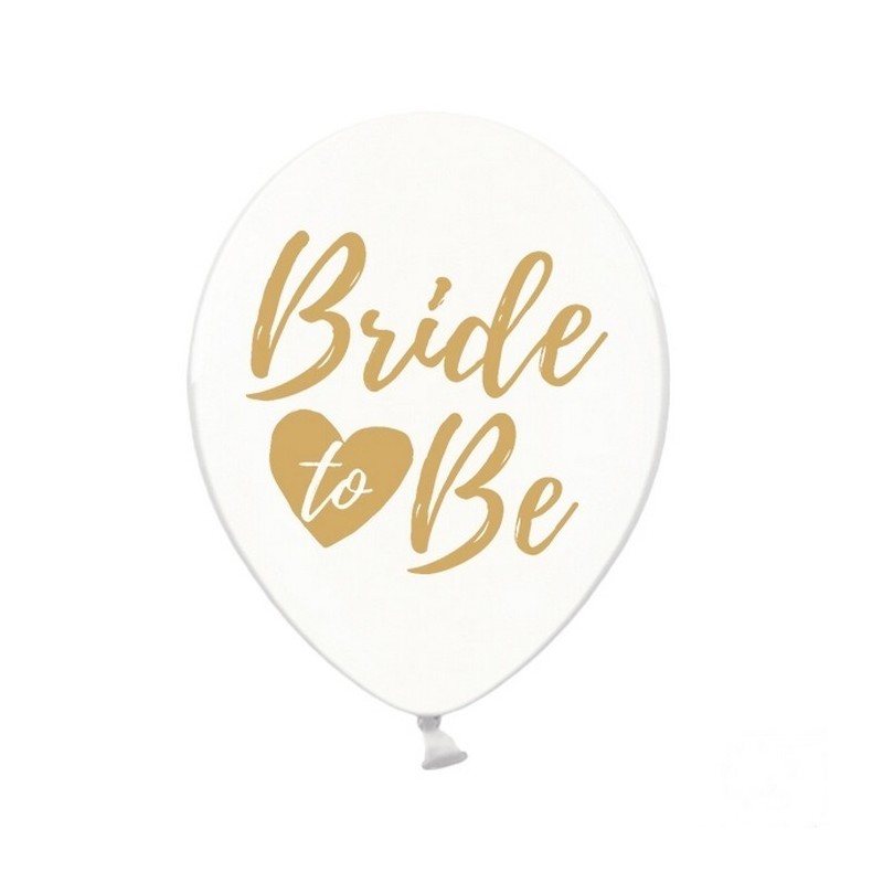 Białe balony lateksowe wzbogacone o nadruk w złotym odcieniu, z napisem Bride to Be.