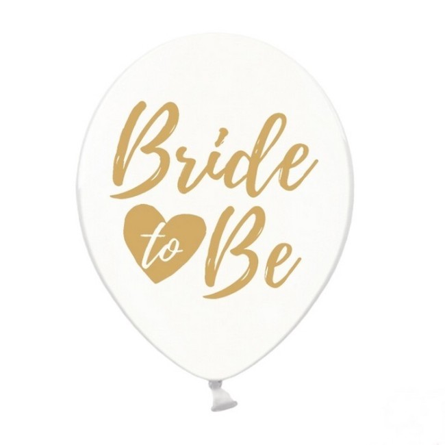 Białe balony lateksowe wzbogacone o nadruk w złotym odcieniu, z napisem Bride to Be.