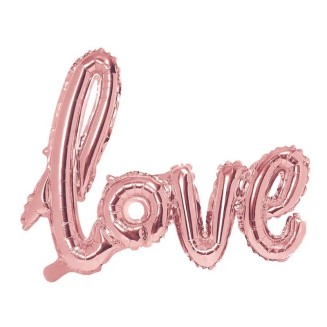 Balon foliowy w postaci napisu Love. Balon jest w kolorze różowego złota.