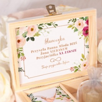 PREZENT dla Panny Młodej w drewnianym pudełku BRANSOLETKA różowe złoto z grawerem Subtelne Kwiaty