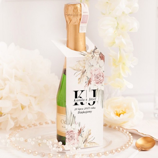 Zawieszka na butelkę mini szampana na wesele. Personalizowany upominek dla gości.