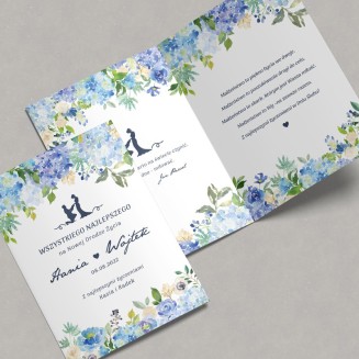 Kartka ślubna, na wesele dla pary młodej z życzeniami - piękny niebieski wzór