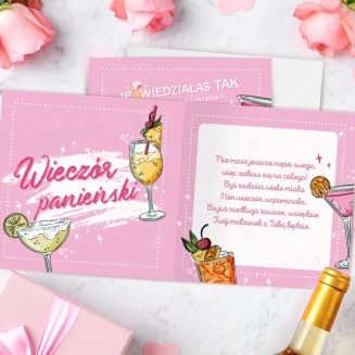Okolicznościowa kartka na panieński dla Panny Młodej. Kartka w różowym odcieniu, z grafiką przedstawiającą kolorowe drinki.