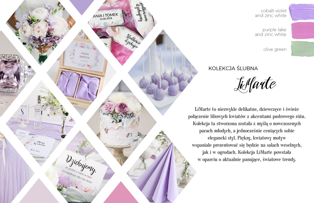 Kolekcja dodatków ślubnych i weselnych z grafiką liliowych kwiatów. Upominki dla gości i papeteria ślubna.