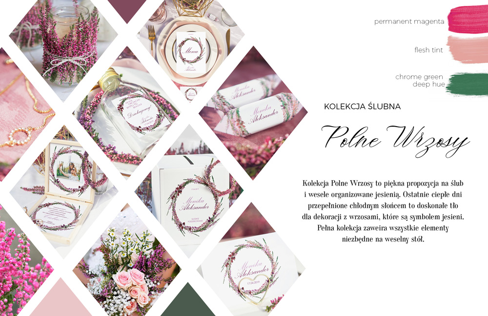 Księga gości weselnych i upominki dla gości z wiankiem z różowo-fioletowych wrzosów na białym tle.