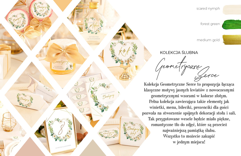 Dekoracje na stół weselny z geometrycznym złotym sercem oplecionym białymi kwiatami. Upominki dla gości weselnych.