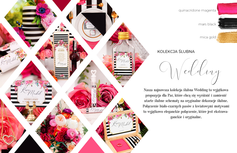 Mega nowoczesna grafika na dodatki weselne. Czarno-białe pasy dekorowane różowymi kwiatami.