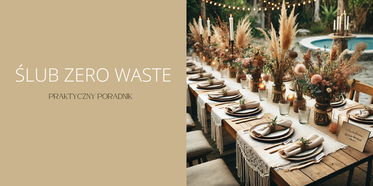 Ślub zero waste – ekologiczne wesele w stylu boho, drewniany stół z naturalnymi dekoracjami, świecami i suszonymi kwiatami, rustykalna aranżacja w plenerze.